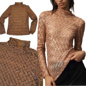 Anthropologie Pilcro Sequin Turtleneck‎ Long Sleeve Top Blouse Sheer Brown Small